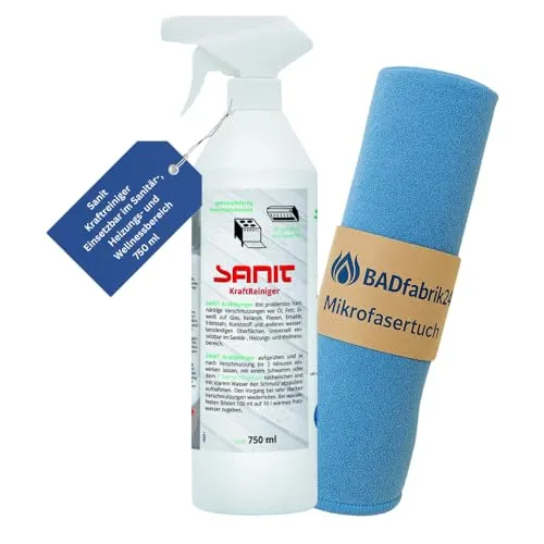 BADfabrik24 SANIT-Kraftreiniger 750 ml – gebrauchsfertiger Reiniger gegen Fett, Öl & Eiweißrückstände – für Fliesen, Edelstahl & Glas – inkl. Mikrofasertuch 40×40 cm