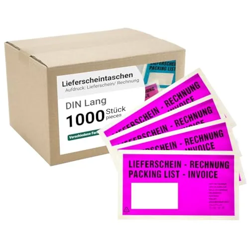 dm-folien Lieferscheintaschen DIN LANG I 1000 Stück I Selbstklebende Versandtaschen mit Aufdruck I Pink-transparentes Paketzubehör für Lieferscheine & Rechnungen I Versandzubehör aus PP