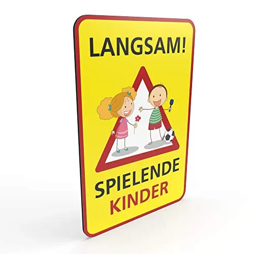 Betriebsausstattung24 Hinweisschild für Spielstraßen/verkehrsberuhigte Straßen - Spielende Kinder - 2mm (20,0 x 30,0 cm, LANGSAM! - spielende Kinder)