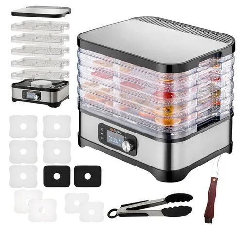 Ruhhy Pilz-, Obst- und Gemüsetrockner 25928 ISOx - Universaltrockner für Pilze, Obst und Gemüse mit 5 Fächern, einstellbarer Temperatur von 35-70°C und LCD-Display. Ideal für die heimische Speisekammer, energieeffizient und aus BPA-freien Materialien.