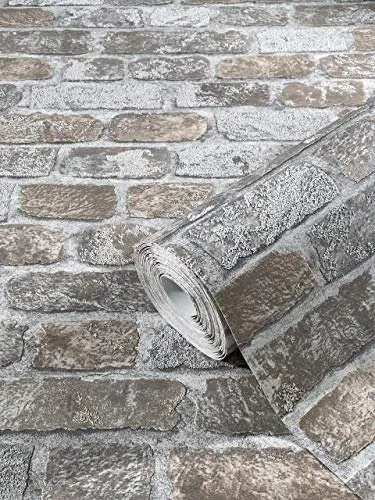 marburg Steintapete Grau Beige Backstein Ziegelstein 3D Effekt für Schlafzimmer Wohnzimmer oder Küche Tapete Steinoptik 10,05m x 0,53m 58410