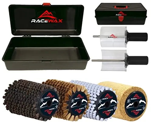 RaceWax Roto Bürste Set 100mm – Kork, Nylon, Roßhaar, Kupfer - Vielseitiges Set von RaceWax mit 100mm Rotorbürsten: Kork für das Einpolieren von Wachsen, Nylon für die Ausbürstung, Roßhaar für das feine Finish und Kupfer zur Reinigung – optimal für die Skipräparation.