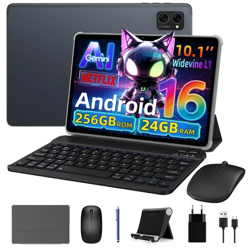 VekfulPC 10 Zoll Set Tablet, 24(8+16)GB RAM+256GB ROM (2TB TF), Android 16/5000mAh/Widevine L1/5G WiFi/Face ID, Grau