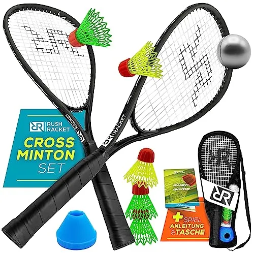 Rush Racket Set RS3 Speed Badminton Set 5-teilig (2X Schläger, 5X Federbälle, 1x Softball, 8X Feldmarkierung, 1x Tragetasche) Crossminton Set - Turbo Badminton Set - Speedbadminton Set (Black)
