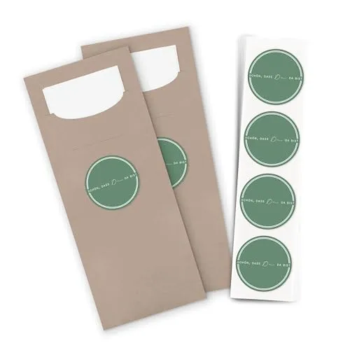 itenga 24x Bestecktaschen Pochetten aus Papier inkl. Serviette „Schön, dass du da bist“ V3 – ca. 20 x 8,5 cm – ideal für Hochzeit, Taufe, Geburtstag – in 13 Farben erhältlich (salbei grün)
