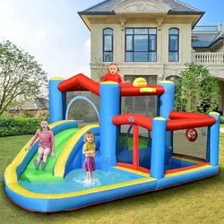 COSTWAY Aufblasbare Hüpfburg mit Rutsche und Planschbecken - Erleben Sie endlosen Spaß mit der COSTWAY Hüpfburg! Ideal für den Sommer, bietet sie eine Kombination aus Hüpfbereich und Rutsche für aufregende Spiele im Wasser. Inklusive Tragetasche und umfangreichem Zubehör.