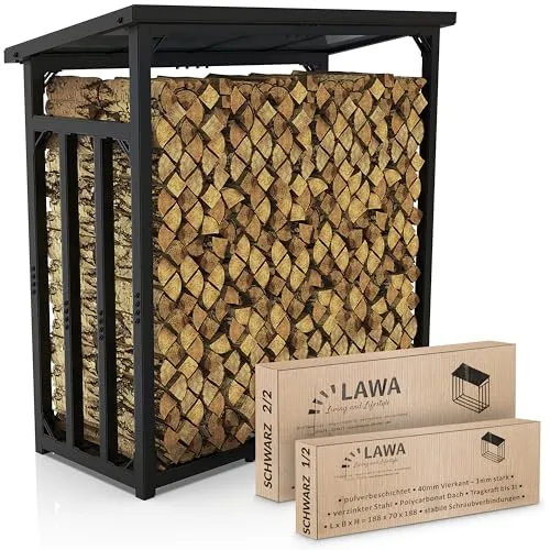 LAWA Living Kaminholzregal mit Dach - verzinkt, 188x70x188 cm - Aschesauger und Kaminholzregal in einem, aus verzinktem Stahl, wetterfest und rostbeständig, ideal für den Außenbereich, bietet Platz für ca. 2,3³ RM Brennholz.