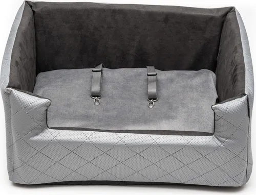 BoutiqueZOO Hundesitz Auto L 57x50x25 cm | r Autositz für Hunde & Katzen | Kunstleder | Mit Kissen & Leinen | Hellgrau