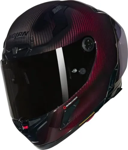 Nolan X-804 RS Ultra Carbon Liquido Helm, rot, Größe XS - Motorradhelm aus leichtem Carbon mit nur 1.390 g, ideal für sportliche Fahrer, die Sicherheit und Komfort suchen.