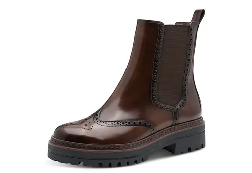 Tamaris Damen Stiefel braun 39 - Wanderschuhe mit Wechselsohlensystem für individuellen Komfort. Stilvolle Broguing-Details und runder Zehenbereich bieten eleganten Look und ganztägigen Tragekomfort. Ideal für Herbstspaziergänge und den urbanen Alltag.