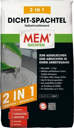 MEM Dicht Spachtel 15 Kg - Wasserdicht und vielseitig einsetzbar, ideal für Balkon, Keller und Bad, schnelle Renovierung und Nivellierung