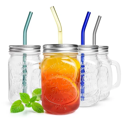 Trinkgläser mit Deckel und Glasstrohhalme Kaffeegläser Cocktailgläser 4