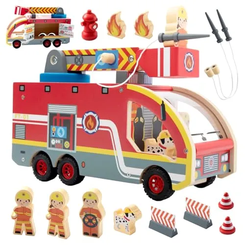 Nene Toys Holz-Feuerwehrauto für Kinder ab 2 Jahren – Feuerwehr Spielset mit 360° drehbarer Leiter & Korb, magnetischen Schläuchen, 3 Feuerwehrmännern & Dalmatiner – FSC-zertifiziertes Holzspielzeug