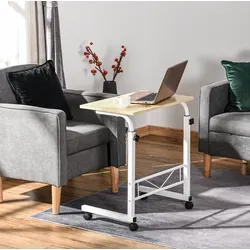 Beistelltisch Aus Stahl In Ahornoptik 60 Cm, Höhenverstellbar, C-form Mit Rollen