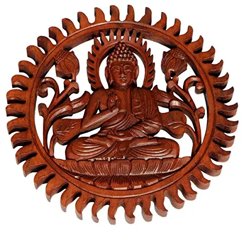 Wogeka Schöner Buddha Meditation in Sonne Holz Relief Wand Deko Handarbeit Bali Rel32