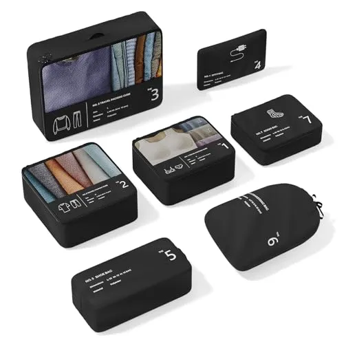 Koffer Organizer, Yomisee Packing Cubes 7 Teilige Koffer Organizer Set Packwürfel Set Reise Kleidertaschen Travel Organizer Packtaschen für Koffer (Schwarz)