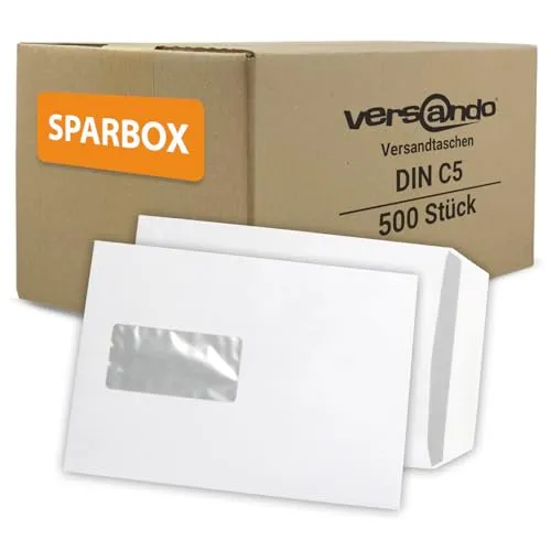 versando 500x Versandtaschen C5 mit Fenster Haftklebend 162x229mm weiß: Briefumschläge für Büro, wichtige Unterlagen, blickdicht, einfach verschließbar