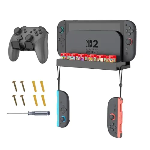Fintie Wandhalterung für Nintendo Switch 2, Metall-Wandhalterungsset mit 1 Controller-Halter, 12 Spielkartenhaltern, platzsparender Konsolen-Organizer hinter dem Fernseher, Schwarz