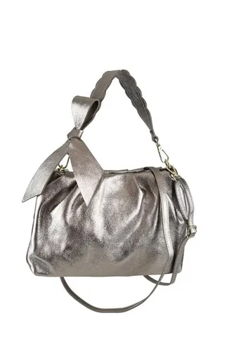 COLLEZIONE ALESSANDRO Umhängetasche Champagner aus Leder mit goldfarbener Schleife - Handtasche aus hochwertigem Leder, elegante goldfarbene Schleife und praktischer abnehmbarer Schulterriemen für vielseitige Tragemöglichkeiten.