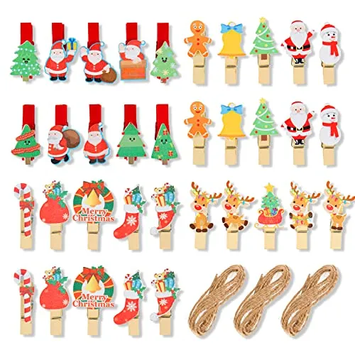 35pcs Christmas Small Clip Mini Wäscheklammern Adventskalender Klammern Holz Deko Klammern Weihnachtsklammern Clips Dekorieren von Weihnachten, Fotowänden, Postkarten, Papiertüten