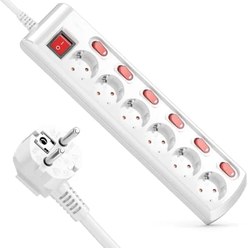 deleyCON 6 Fach Steckdosenleiste Einzeln Schaltbar 1,4m Kabel (6X EIN/Aus Schalter und 1x Hauptschalter) Strom Stromleiste Mehrfachsteckdose mit erhöhtem Berührungsschutz - Weiß