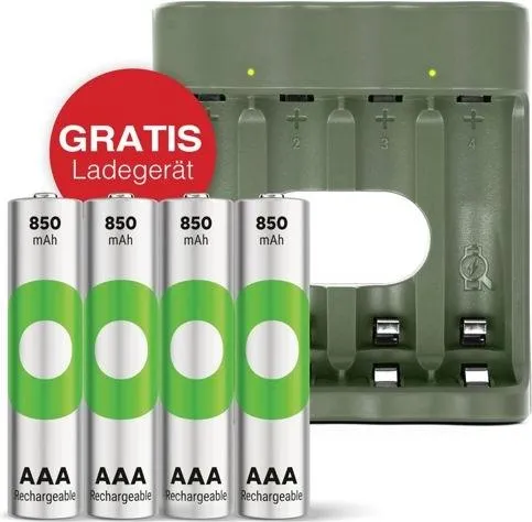 GP Batteries GPRCKCHB441U007 ReCyko 4-Port USB Ladegerät mit 4xAA 2100mAh Akkus - Praktisches 4-Port USB Ladegerät von GP mit 4 langlebigen AA 2100mAh Akkus. Ideal für das gleichzeitige Laden mehrerer Geräte, kompakt und sicher – perfekt für Zuhause oder unterwegs.