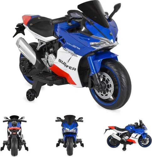 Moni Kinder Elektromotorrad Surfer mit Stützrädern und Bluetooth - Laufrad für Kinder von 3 bis 8 Jahren, sicher mit Stützrädern und ausgestattet mit Bluetooth für musikalischen Fahrspaß.