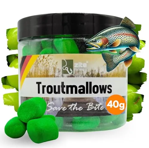 Zite Fishing Troutmallows - Hochfängige Marshmallow Forellen-Köder auftreibend - Intensive Aromen & Leuchtende Farben - 40g Dose - Perfekt für Grundmontage & Kombination mit Naturködern (Apfel grün)