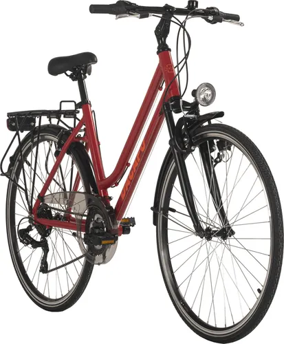DaCapo Trekkingrad Damen 28'' Metropolis – Anthrazit oder Rot, 21 Gänge - Damen Trekkingrad mit 21 Gängen, ideal für lange Touren. Ausgestattet mit Kettenschutz, Gepäckträger und V-Bremse für Sicherheit und Komfort.