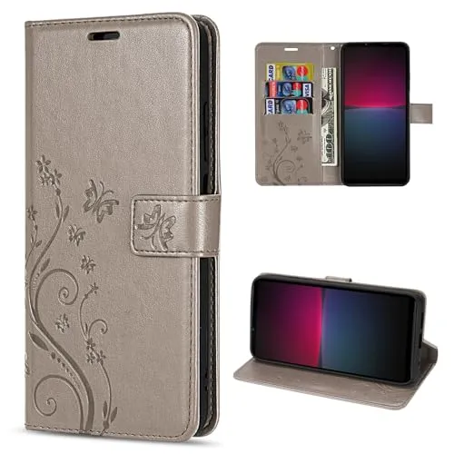 betterfon Hülle Kompatibel mit Sony Xperia 10 IV | Premium PU Leder Handyhülle Wallet Case für Xperia 10 IV | Schutzhülle Blumen Klapphülle Handyhülle | Grau