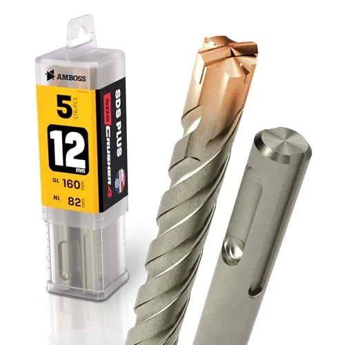 SDS Plus Hammerbohrer 4X Schneiden PGM Ø 12.0mm x 82mm - AMBOSS Werkzeuge SDS Crusher 4 - HM Betonbohrer Hartmetall Profi Bohrer 12.0 mm x 82 - Steinbohrer Stahlbeton Mauerwerk Ziegel Kalksandstein