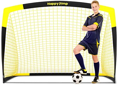 Happy Jump Pop Up Fußballtor 5'x3,6' - Schwarz+Gelb - Tragbares Fußballtor für Garten und Training, wetterfest und langlebig, ideal für Familienaktivitäten und um die Bildschirmzeit zu reduzieren.