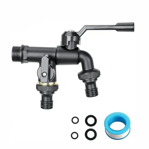 QHENS Wasserhahn Garten 1/2 Zoll, Garten Wasserhahn Doppel Schwarz aus Messing mit 2x 3/4