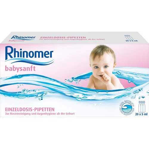 Haleon Germany GmbH RHINOMER babysanft Meerwasser 5ml - Schnupfenmittel für Babys, sanfte Meerwasserlösung zur Befeuchtung und Reinigung der Nasenschleimhaut, ideal für eine einfache Anwendung in Einzeldosen.