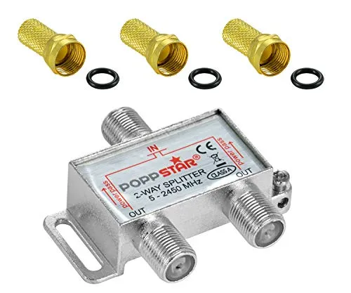 Poppstar Sat-Verteiler Splitter Umschalter 2-Fach inkl. F-Stecker (analog/digital/BK/unicable/HD/4K tauglich) für TV, Satellit, Fernseher, Radio, LNB