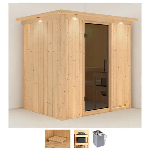 Karibu Sauna Bedine, 9 KW Ofen mit integrierter Steuerung - Innensauna mit den Maßen 210 x 165 x 202 cm, ideal für entspannende Saunagänge und gesundheitliche Vorteile wie Muskelentspannung und Hautreinigung.