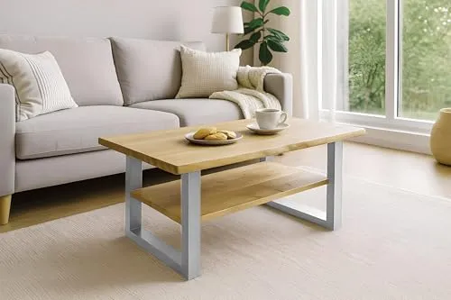 SAM Couchtisch 115x65 cm Patrick, Sofatisch mit Ablage, Wildeiche/Eichenholz massiv, Beistelltisch mit silbernem U-Metallgestell, echte Baumkante