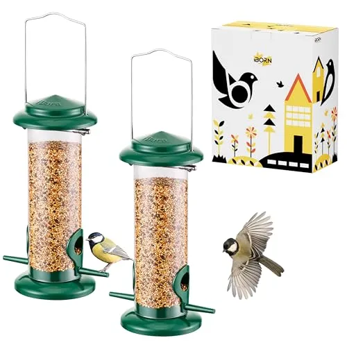 iBorn Hanging Wild Bird Feeder Seed Feeder for Garden Outdoors 8” with Two Feeding Ports All Metal Painted Rust-Resistant, Green 2 Packs