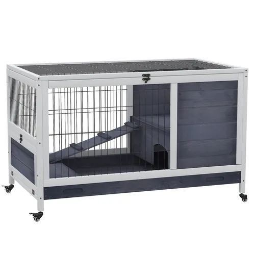 PawHut Kleintierstall mit Rädern und 2 Ebenen - Ställe für Outdoorbereich, aus robustem Tannenholz und Metall, mobil dank Rädern, ideal für Kleintiere wie Kaninchen oder Meerschweinchen.