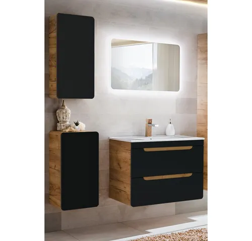 Lomadox Badmöbel-Set NEW-LUTON, 4-teilig mit LED-Spiegel - Badmöbel-Set in seidenmatt anthrazit mit hochwertigem Wotaneiche-Dekor und Softclose-Systemen. Modernes Design und angenehme Haptik für Ihr Badezimmer.