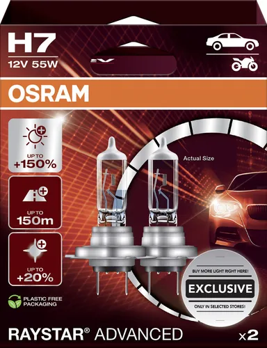 Osram Scheinwerferlampe H7 Raystar Advanced 2.0 - 2 Stück - Frontscheinwerfer, hochwertige Halogen-Technologie für bessere Sicht und Sicherheit bei Nachtfahrten.