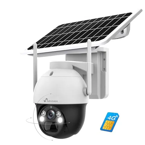 NIVIAN - 4G Überwachungskamera 360 Grad mit Solarpanel 7W, 18000mAh | 2K HD, Bewegung & Menschenerkennung, Nachtsicht LEDs | Wetterfest IP66, Kunststoff, Kuppel