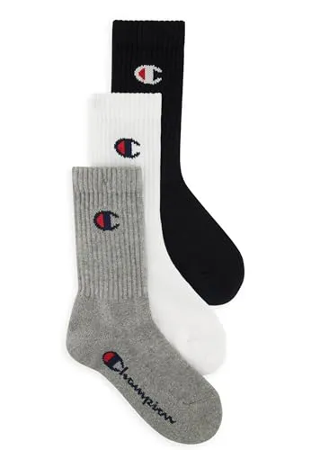 Champion Unisex Kinder Core-Junior 3PP Crew Socken, Hellgrau Meliert, Weiß, Schwarz, 31-34 EU (3er Pack)