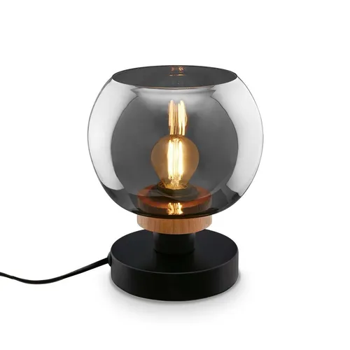 BRILONER Nachttischlampe - Rauchglas Tischlampe mit Kabelschalter - Tischlampen für Home Office und Wohnräume, mit elegantem Rauchglas und Holzsockel. Bequem per Kabelschalter ein- und ausschalten, ideal als Leselampe oder Nachttischlampe.