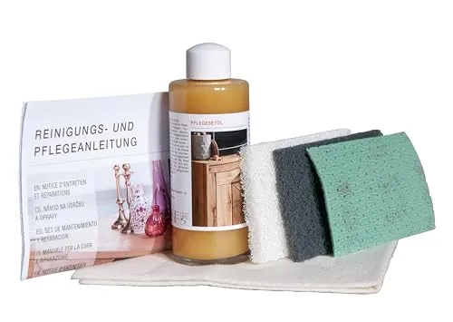 Pflegeöl Set für Holzmöbel 6-teilig – farbloses Möbelöl 150 ml für alle Holzarten – ideal für naturgeölte Oberflächen wie Tische, Schränke, Bad- & Küchenmöbel
