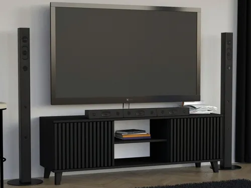 Beautysofa Lowboard, Schwarz, 150x50x40 cm - TV-Halterungen: Moderner TV-Schrank mit dekorativen Lamellen für ein einzigartiges Wohnzimmer-Design und viel Stauraum.
