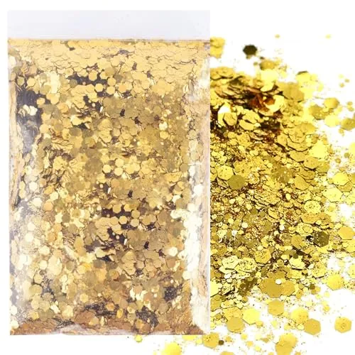 50g Gold Farben Glitzerpulver Set,Gemischte Grobe Feine FlockenCraft Glitzerpuder für Harz Nagelkunst Haare Gesicht Karten DIY Festival Party Dekoration Masquerade,Vier Größen (0,2 mm,1 mm,2 mm,3 mm)