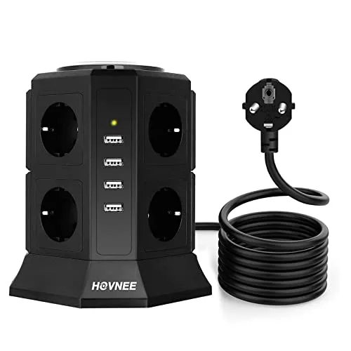 HOVNEE Steckdosenleiste Mehrfachsteckdose 8 Fach Steckdosenturm (2500W/10A) mit 4 USB-A Ladeanschlüsse und 2,0 m Kabel (5V/4,5 A),Überspannungsschutz und Kurzschlussschutz,Schwarz