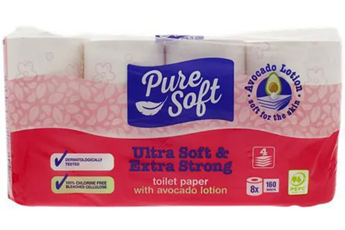 PREMIUM Toilettenpapier 4 LAGIG-WEISS WC-Klopapier Pure Soft 9 Rollen 150 Blatt