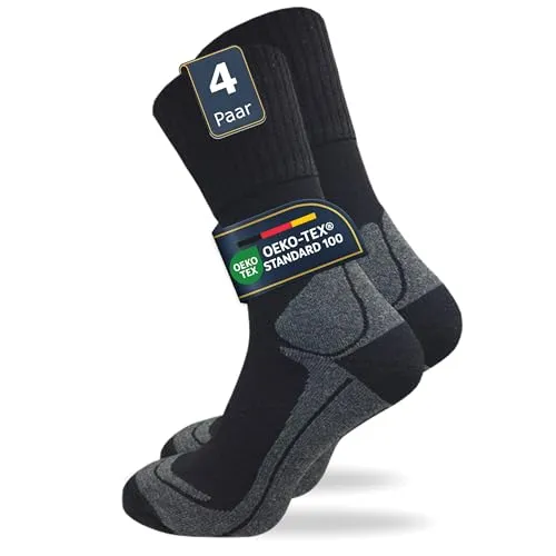 GAWILO Damen & Herren warme Wandersocken (4 Paar) Outdoorsocken mit Fersenpolster | Thermosocken mit 10% Merinowolle | gepolsterte Thermosocken (47-50, schwarz+)